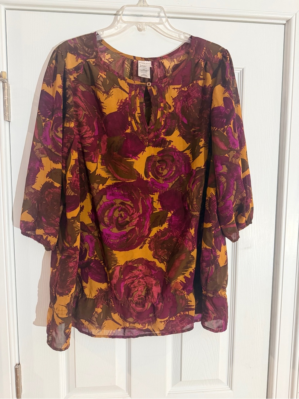 Ladies Size 2X "Just My Size" Mustard & Purple Floral Tie-Neck Tunic GUC